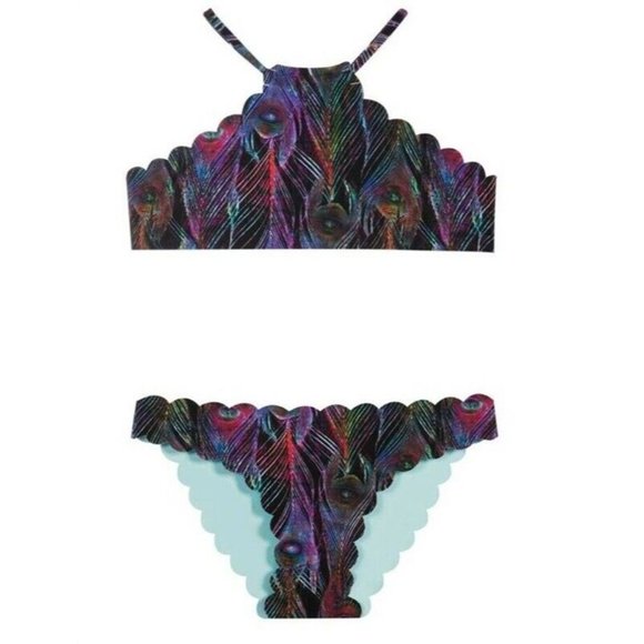 NWT PIlyq 4 Girls Peacock Plume Reversible High Neck Bikini Set 98783